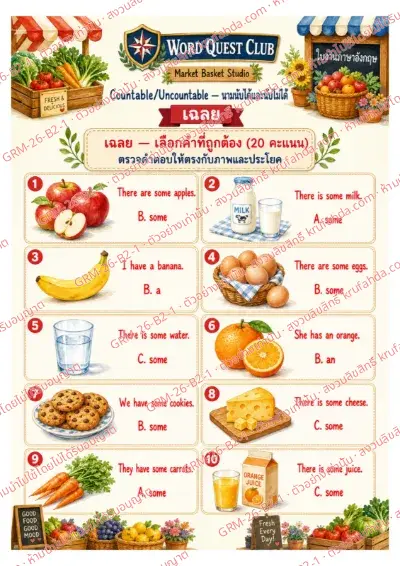 เฉลยใบงานภาษาอังกฤษ Countable & Uncountable Nouns ป.4-6 คำสั่งภาษาไทย - ดูภาพแล้วเลือก a an some หรือ any ที่ถูกต้อง พร้อมเฉลย