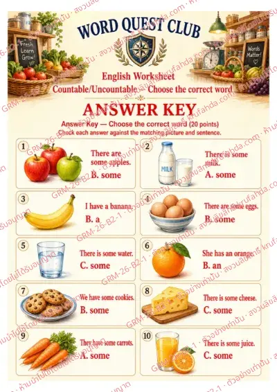 เฉลยใบงานภาษาอังกฤษ Countable & Uncountable Nouns ป.4-6 คำสั่งภาษาอังกฤษ - ดูภาพแล้วเลือก a an some หรือ any ที่ถูกต้อง พร้อมเฉลย
