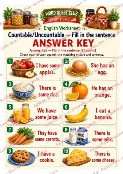 เฉลยใบงานภาษาอังกฤษ Countable & Uncountable Nouns ป.4-6 คำสั่งภาษาอังกฤษ - ดูภาพแล้วเติม a an หรือ some ลงในช่องว่าง พร้อมเฉลย