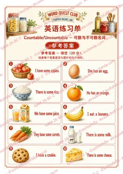เฉลยใบงานภาษาอังกฤษ Countable & Uncountable Nouns ป.4-6 คำสั่งภาษาจีน - ดูภาพแล้วเติม a an หรือ some ลงในช่องว่าง พร้อมเฉลย