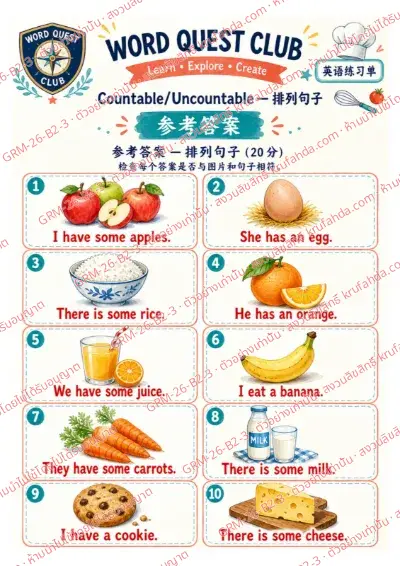 เฉลยใบงานภาษาอังกฤษ Countable & Uncountable Nouns ป.4-6 คำสั่งภาษาจีน - เรียงบัตรคำเป็นประโยคที่ใช้ a an และ some พร้อมเฉลย