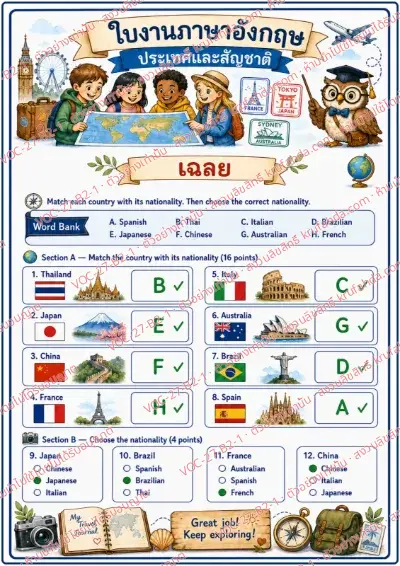 เฉลยใบงานภาษาอังกฤษ Countries & Nationalities ป.4-6 คำสั่งภาษาไทย - จับคู่ประเทศกับคำเรียกสัญชาติ แล้วเลือกสัญชาติที่ถูกต้อง พร้อมเฉลย