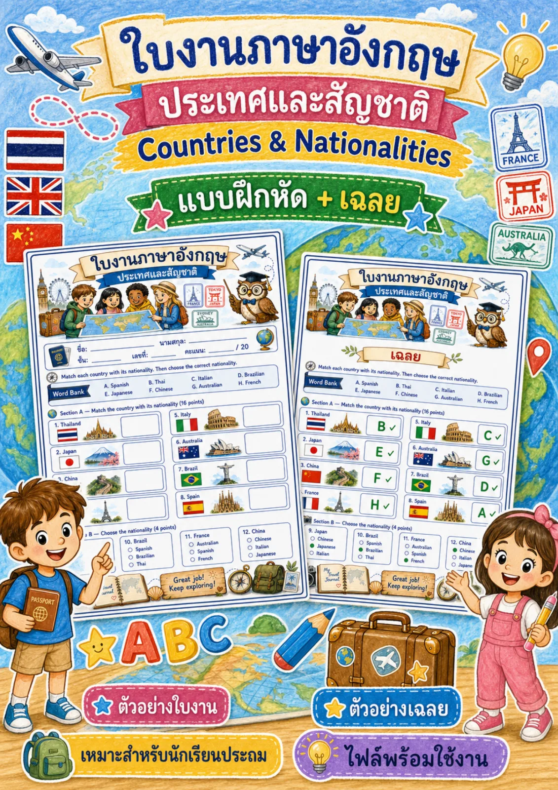รูปหน้าปกของ ใบงานประเทศและสัญชาติ จับคู่ประเทศกับคำเรียกสัญชาติ แล้วเลือกสัญชาติที่ถูกต้อง ระดับ ป.4–ป.6