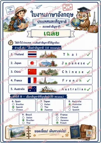 เฉลยใบงานภาษาอังกฤษ Countries & Nationalities ป.4-6 คำสั่งภาษาไทย - เติมตัวอักษรที่หายไปในคำสัญชาติ แล้วเลือกคำที่สะกดถูก พร้อมเฉลย