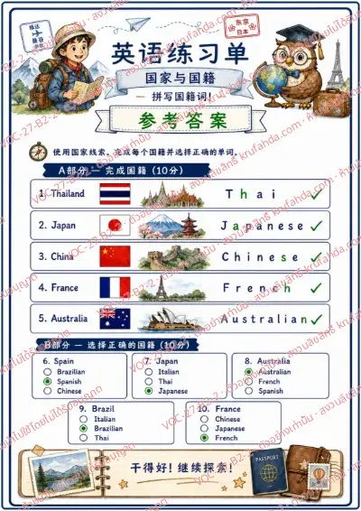 เฉลยใบงานภาษาอังกฤษ Countries & Nationalities ป.4-6 คำสั่งภาษาจีน - เติมตัวอักษรที่หายไปในคำสัญชาติ แล้วเลือกคำที่สะกดถูก พร้อมเฉลย