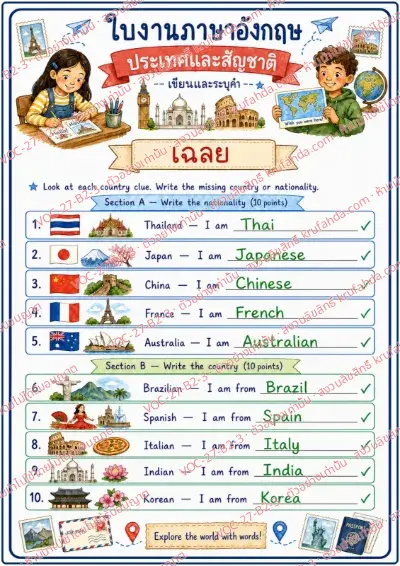 เฉลยใบงานภาษาอังกฤษ Countries & Nationalities ป.4-6 คำสั่งภาษาไทย - ดูภาพสัญลักษณ์ประจำชาติแล้วเขียนคำสัญชาติและชื่อประเทศให้ครบ พร้อมเฉลย