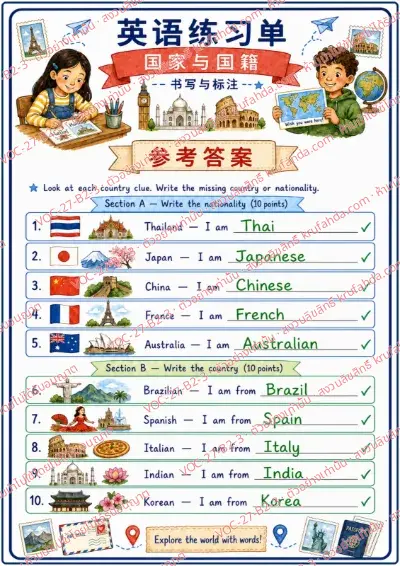เฉลยใบงานภาษาอังกฤษ Countries & Nationalities ป.4-6 คำสั่งภาษาจีน - ดูภาพสัญลักษณ์ประจำชาติแล้วเขียนคำสัญชาติและชื่อประเทศให้ครบ พร้อมเฉลย