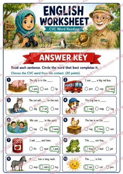เฉลยใบงานภาษาอังกฤษ CVC Word Reading ป.1-3 คำสั่งภาษาอังกฤษ - อ่านประโยคแล้ววงกลมคำที่เติมได้ถูกต้อง พร้อมเฉลย