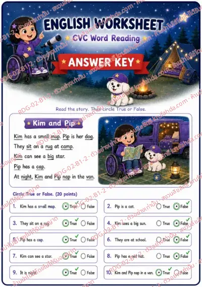 เฉลยใบงานภาษาอังกฤษ CVC Word Reading ป.1-3 คำสั่งภาษาอังกฤษ - อ่านเรื่องแล้วเลือกถูกหรือผิด พร้อมเฉลย