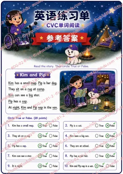 เฉลยใบงานภาษาอังกฤษ CVC Word Reading ป.1-3 คำสั่งภาษาจีน - อ่านเรื่องแล้วเลือกถูกหรือผิด พร้อมเฉลย