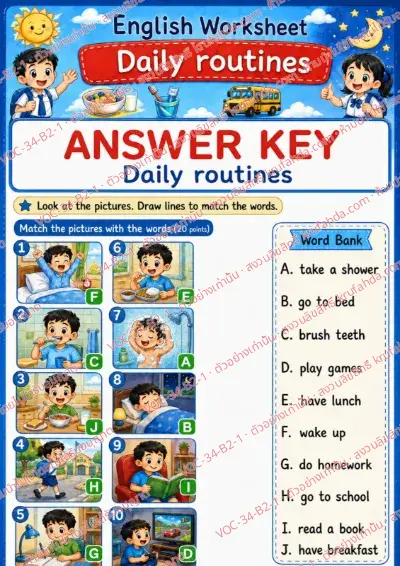 เฉลยใบงานภาษาอังกฤษ Daily routines ป.4-6 คำสั่งภาษาอังกฤษ - ดูภาพแล้วลากเส้นจับคู่กับคำศัพท์ในคลังคำให้ถูกต้อง พร้อมเฉลย