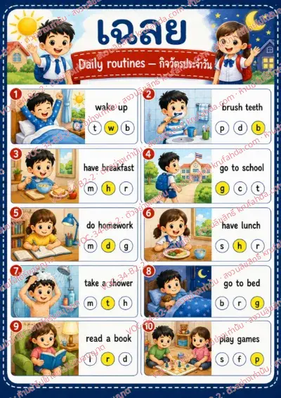 เฉลยใบงานภาษาอังกฤษ Daily routines ป.4-6 คำสั่งภาษาไทย - เติมอักษรตัวแรกของคำศัพท์กิจวัตรแล้ววงกลมตัวเลือกที่ถูก พร้อมเฉลย