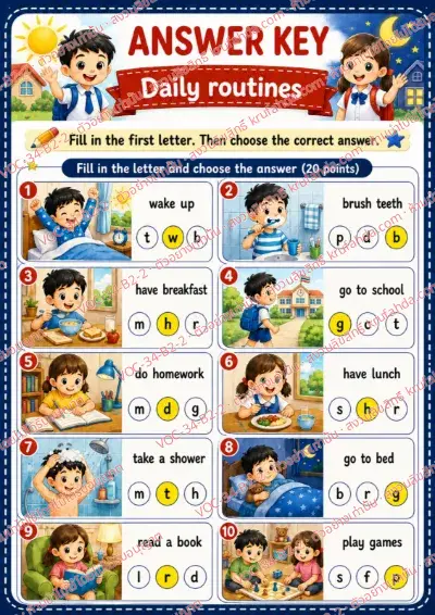 เฉลยใบงานภาษาอังกฤษ Daily routines ป.4-6 คำสั่งภาษาอังกฤษ - เติมอักษรตัวแรกของคำศัพท์กิจวัตรแล้ววงกลมตัวเลือกที่ถูก พร้อมเฉลย