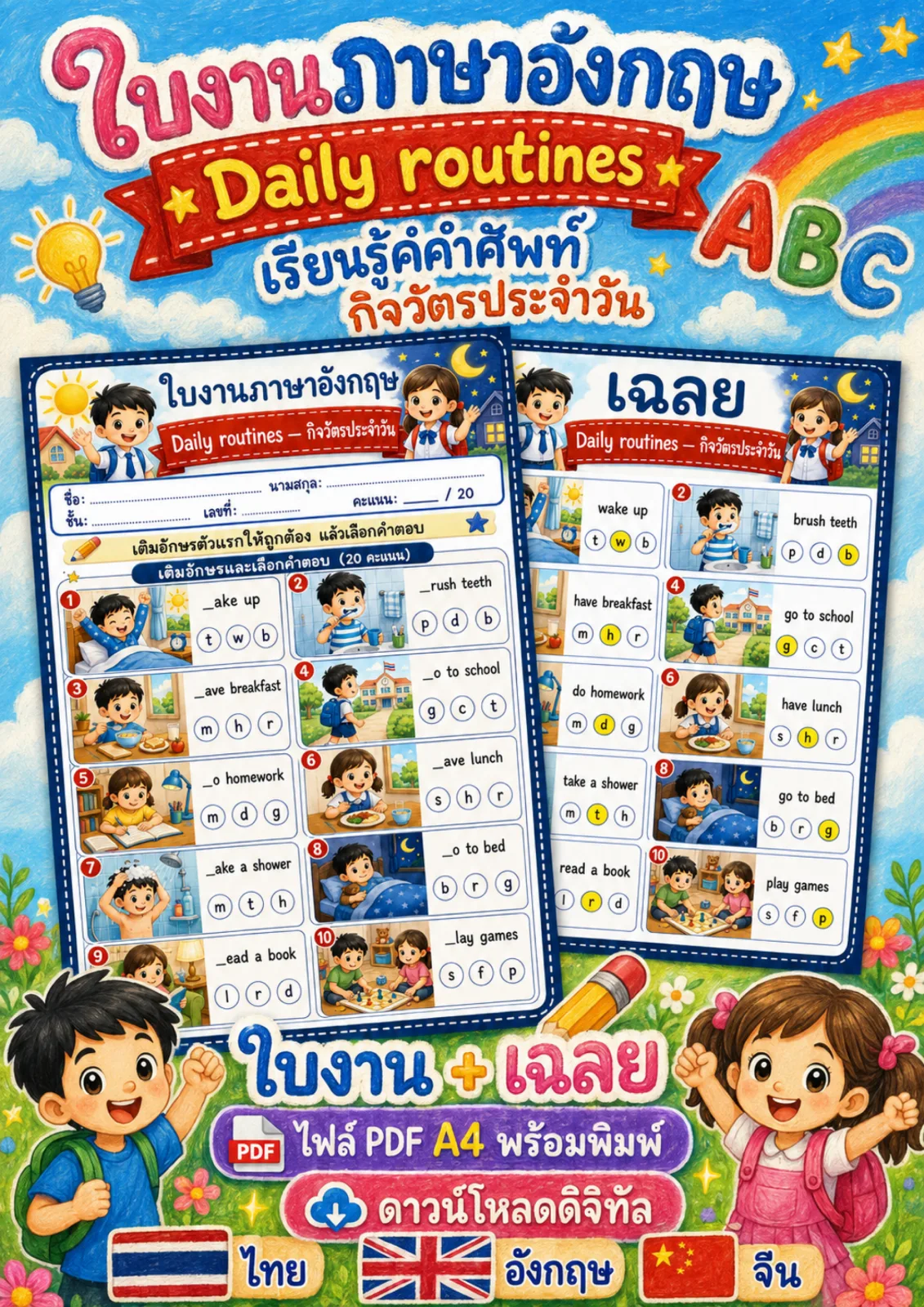 รูปหน้าปกของ ใบงานกิจวัตรประจำวัน เติมอักษรตัวแรกของคำศัพท์กิจวัตรแล้ววงกลมตัวเลือกที่ถูก ระดับ ป.4–ป.6