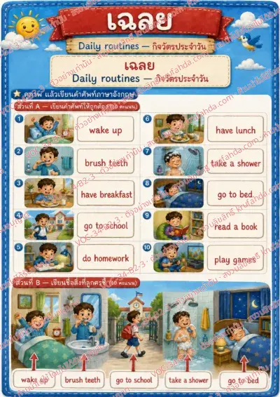 เฉลยใบงานภาษาอังกฤษ Daily routines ป.4-6 คำสั่งภาษาไทย - เขียนคำศัพท์กิจวัตรประจำวันและเขียนชื่อภาพที่ลูกศรชี้ พร้อมเฉลย