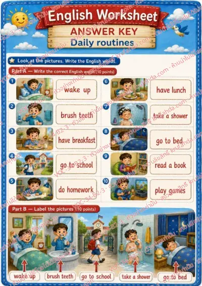 เฉลยใบงานภาษาอังกฤษ Daily routines ป.4-6 คำสั่งภาษาอังกฤษ - เขียนคำศัพท์กิจวัตรประจำวันและเขียนชื่อภาพที่ลูกศรชี้ พร้อมเฉลย