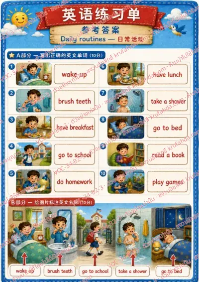 เฉลยใบงานภาษาอังกฤษ Daily routines ป.4-6 คำสั่งภาษาจีน - เขียนคำศัพท์กิจวัตรประจำวันและเขียนชื่อภาพที่ลูกศรชี้ พร้อมเฉลย