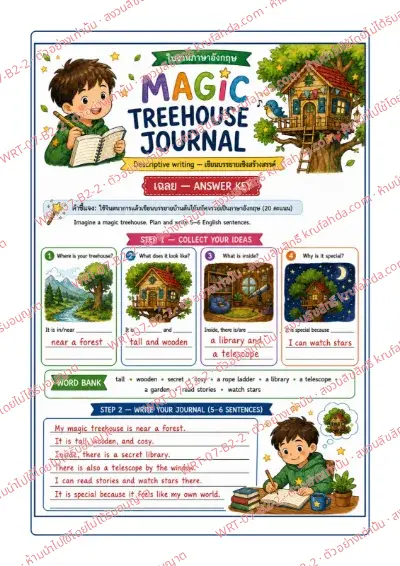 เฉลยใบงานภาษาอังกฤษ Descriptive Writing ป.4-6 คำสั่งภาษาไทย - เก็บไอเดียจากคำขึ้นต้นประโยคและคลังคำศัพท์ แล้วเขียนบรรยายบ้านต้นไม้ในจินตนาการ พร้อมเฉลย