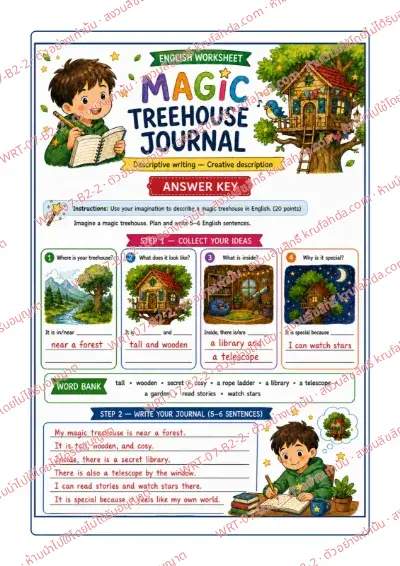 เฉลยใบงานภาษาอังกฤษ Descriptive Writing ป.4-6 คำสั่งภาษาอังกฤษ - เก็บไอเดียจากคำขึ้นต้นประโยคและคลังคำศัพท์ แล้วเขียนบรรยายบ้านต้นไม้ในจินตนาการ พร้อมเฉลย