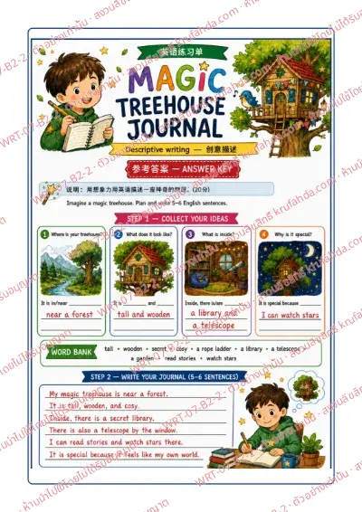 เฉลยใบงานภาษาอังกฤษ Descriptive Writing ป.4-6 คำสั่งภาษาจีน - เก็บไอเดียจากคำขึ้นต้นประโยคและคลังคำศัพท์ แล้วเขียนบรรยายบ้านต้นไม้ในจินตนาการ พร้อมเฉลย