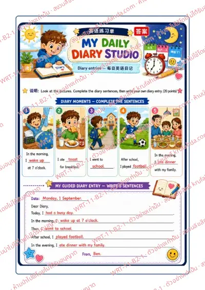 เฉลยใบงานภาษาอังกฤษ Diary Entries ป.4-6 คำสั่งภาษาจีน - เติมประโยคเล่ากิจวัตรประจำวันจากภาพ แล้วเขียนไดอารี่ 5 ประโยคตามโครงที่ให้ พร้อมเฉลย