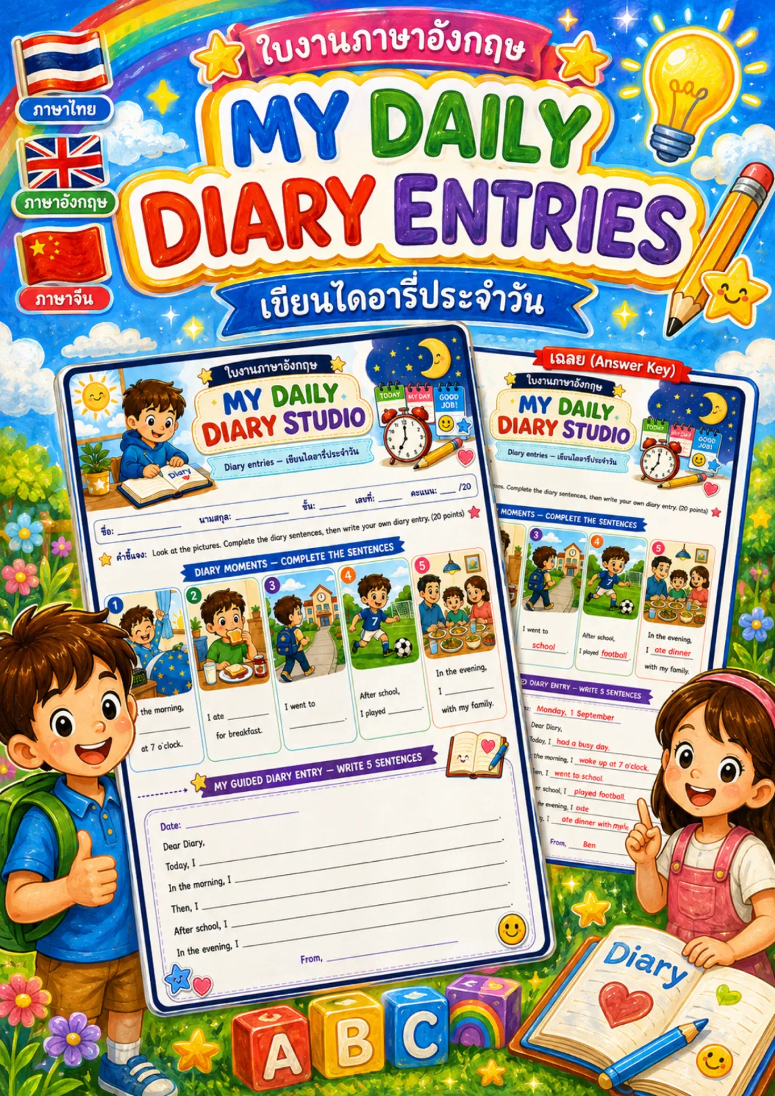 รูปหน้าปกของ ใบงานการเขียนไดอารี่ เติมประโยคเล่ากิจวัตรประจำวันจากภาพ แล้วเขียนไดอารี่ 5 ประโยคตามโครงที่ให้ ระดับ ป.4–ป.6