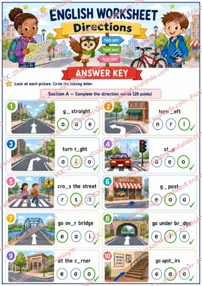เฉลยใบงานภาษาอังกฤษ Directions ป.4-6 คำสั่งภาษาอังกฤษ - วงตัวอักษรที่หายไปในวลีบอกทาง เช่น go straight และ turn left พร้อมเฉลย