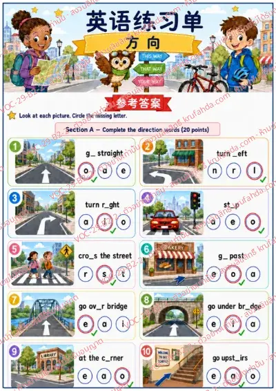 เฉลยใบงานภาษาอังกฤษ Directions ป.4-6 คำสั่งภาษาจีน - วงตัวอักษรที่หายไปในวลีบอกทาง เช่น go straight และ turn left พร้อมเฉลย
