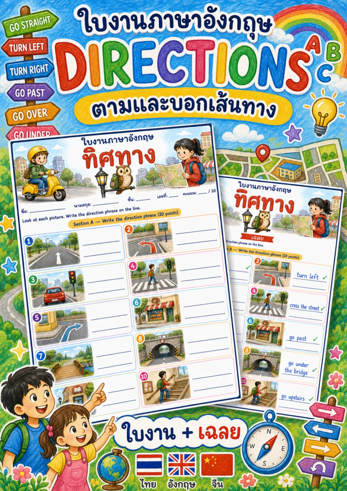 รูปหน้าปกของ ใบงานทิศทาง ดูภาพเส้นทางแล้วเขียนวลีบอกทางเป็นภาษาอังกฤษให้ถูกต้อง ระดับ ป.4–ป.6