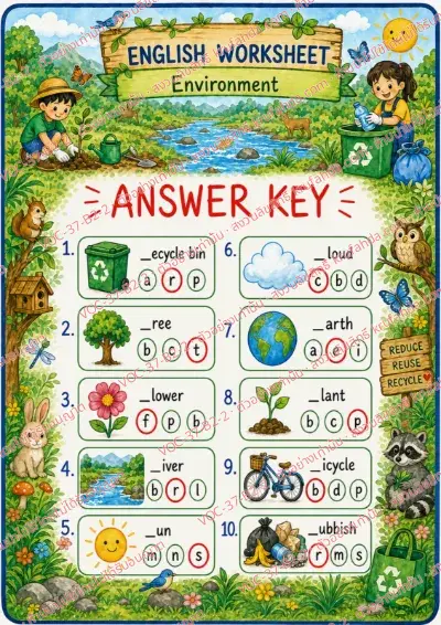 เฉลยใบงานภาษาอังกฤษ Environment ป.4-6 คำสั่งภาษาอังกฤษ - ดูภาพแล้วเลือกตัวอักษรตัวแรกเติมให้ถูก เช่น tree river sun recycle bin พร้อมเฉลย