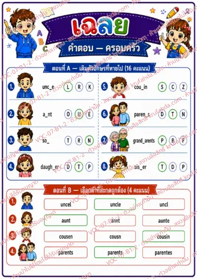 เฉลยใบงานภาษาอังกฤษ Family members ป.1-3 คำสั่งภาษาไทย - เติมตัวอักษรที่หายไปในคำศัพท์ครอบครัวและเลือกคำที่สะกดถูก พร้อมเฉลย
