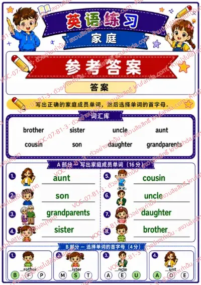 เฉลยใบงานภาษาอังกฤษ Family members ป.1-3 คำสั่งภาษาจีน - เขียนคำศัพท์เกี่ยวกับครอบครัวและเลือกตัวอักษรต้นคำ พร้อมเฉลย