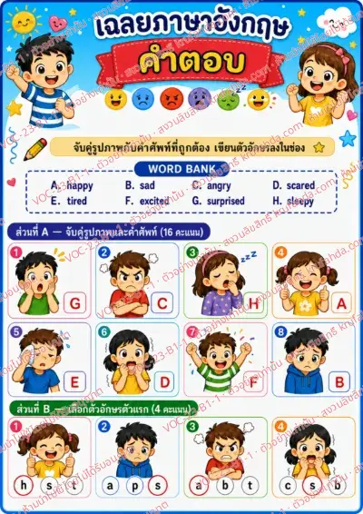 เฉลยใบงานภาษาอังกฤษ Feelings & emotions ป.1-3 คำสั่งภาษาไทย - จับคู่ภาพกับคำศัพท์และเขียนตัวอักษรลงในช่อง พร้อมเฉลย