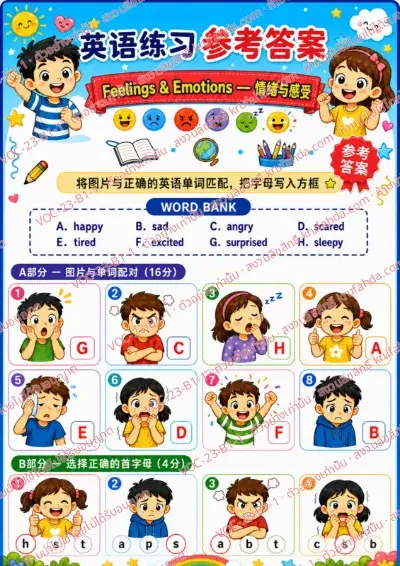 เฉลยใบงานภาษาอังกฤษ Feelings & emotions ป.1-3 คำสั่งภาษาจีน - จับคู่ภาพกับคำศัพท์และเขียนตัวอักษรลงในช่อง พร้อมเฉลย