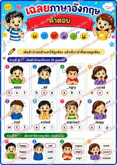 เฉลยใบงานภาษาอังกฤษ Feelings & emotions ป.1-3 คำสั่งภาษาไทย - เติมตัวอักษรตัวแรกและเลือกคำที่สะกดถูก พร้อมเฉลย
