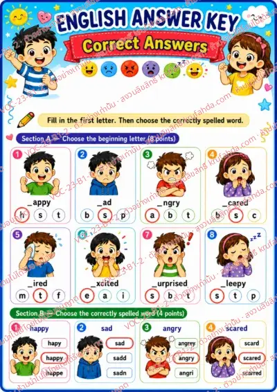 เฉลยใบงานภาษาอังกฤษ Feelings & emotions ป.1-3 คำสั่งภาษาอังกฤษ - เติมตัวอักษรตัวแรกและเลือกคำที่สะกดถูก พร้อมเฉลย