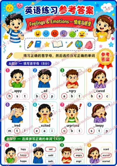 เฉลยใบงานภาษาอังกฤษ Feelings & emotions ป.1-3 คำสั่งภาษาจีน - เติมตัวอักษรตัวแรกและเลือกคำที่สะกดถูก พร้อมเฉลย