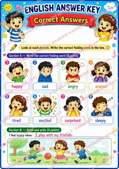 เฉลยใบงานภาษาอังกฤษ Feelings & emotions ป.1-3 คำสั่งภาษาอังกฤษ - ดูภาพความรู้สึกแล้วเขียนคำศัพท์ให้ตรงกับหมายเลข พร้อมเฉลย