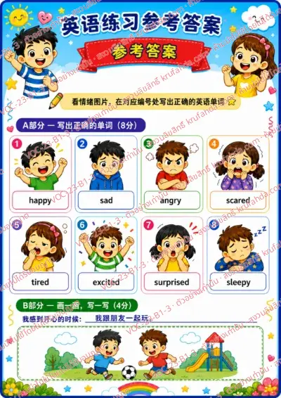เฉลยใบงานภาษาอังกฤษ Feelings & emotions ป.1-3 คำสั่งภาษาจีน - ดูภาพความรู้สึกแล้วเขียนคำศัพท์ให้ตรงกับหมายเลข พร้อมเฉลย
