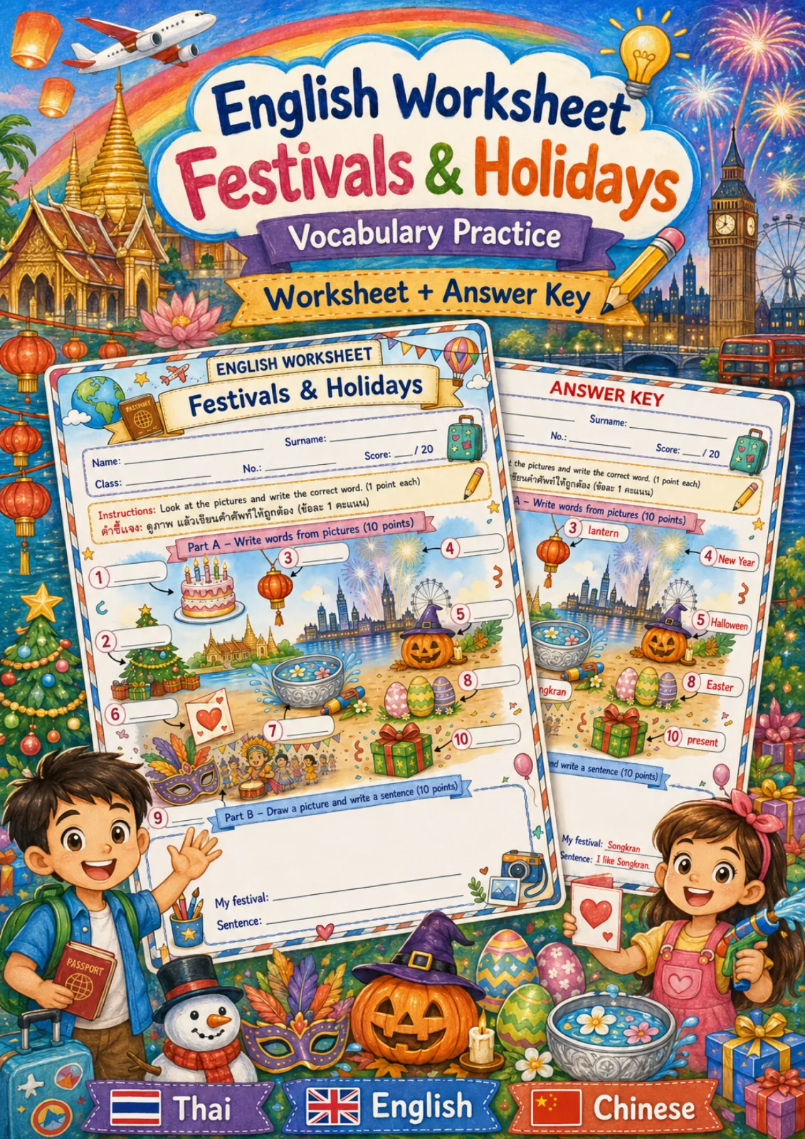 Cover artwork for ใบงานเทศกาลและวันหยุด เขียนชื่อเทศกาลจากภาพ เช่น Christmas Easter Songkran แล้ววาดภาพเขียนประโยคเทศกาลที่ชอบ ระดับ ป.4–ป.6