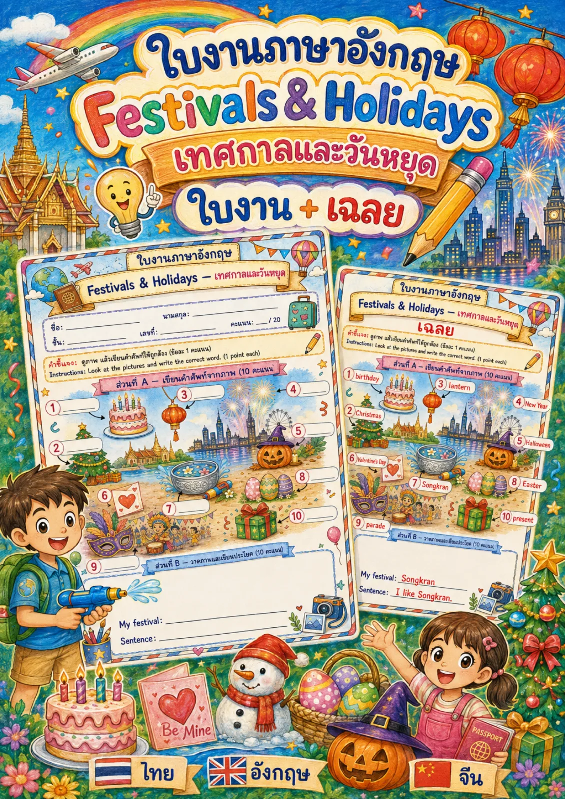 รูปหน้าปกของ ใบงานเทศกาลและวันหยุด เขียนชื่อเทศกาลจากภาพ เช่น Christmas Easter Songkran แล้ววาดภาพเขียนประโยคเทศกาลที่ชอบ ระดับ ป.4–ป.6