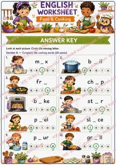 เฉลยใบงานภาษาอังกฤษ Food & Cooking ป.4-6 คำสั่งภาษาอังกฤษ - วงตัวอักษรที่หายไปในคำกริยาทำอาหาร เช่น mix boil fry พร้อมเฉลย