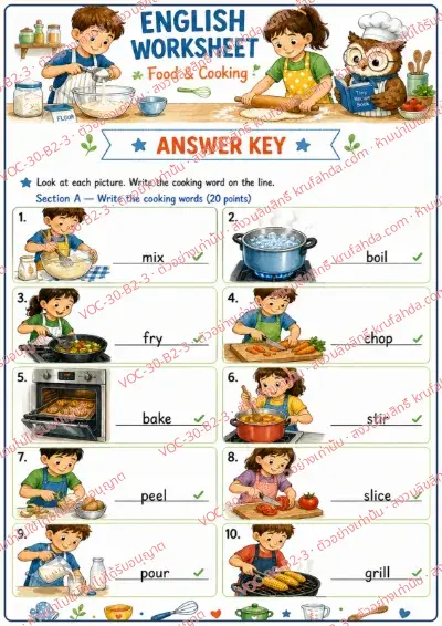 เฉลยใบงานภาษาอังกฤษ Food & Cooking ป.4-6 คำสั่งภาษาอังกฤษ - ดูภาพแล้วเขียนคำกริยาการทำอาหารเป็นภาษาอังกฤษ พร้อมเฉลย
