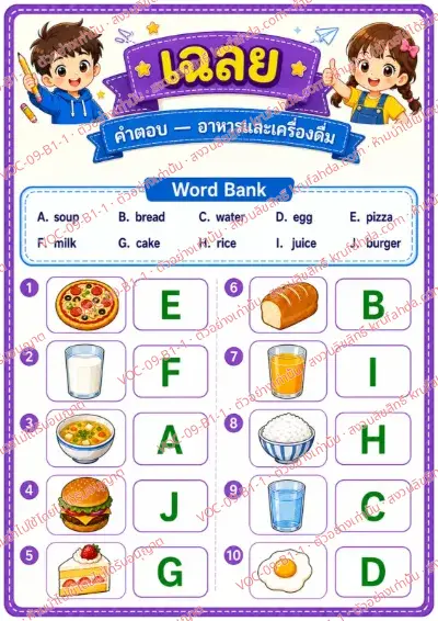 เฉลยใบงานภาษาอังกฤษ Food & drinks ป.1-3 คำสั่งภาษาไทย - จับคู่ภาพอาหารและเครื่องดื่มกับคำศัพท์ พร้อมเฉลย