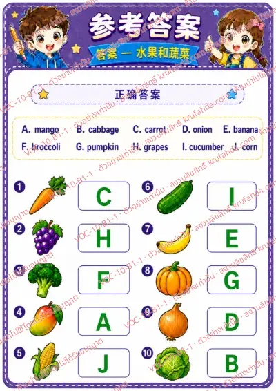 เฉลยใบงานภาษาอังกฤษ Fruits & vegetables ป.1-3 คำสั่งภาษาจีน - จับคู่ภาพผลไม้และผักกับคำศัพท์ พร้อมเฉลย