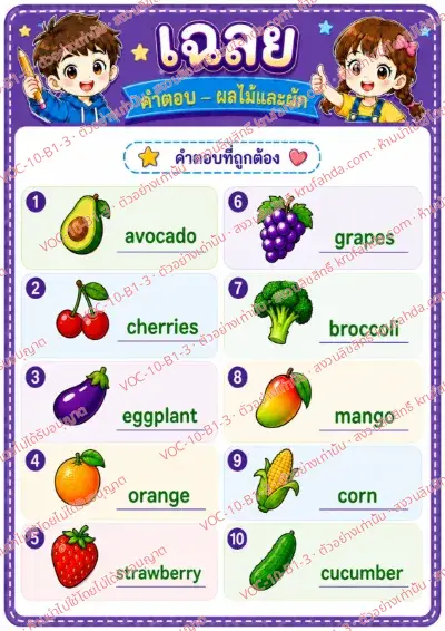 เฉลยใบงานภาษาอังกฤษ Fruits & vegetables ป.1-3 คำสั่งภาษาไทย - ดูภาพแล้วเขียนคำศัพท์ผลไม้และผัก พร้อมเฉลย