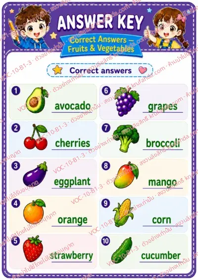 เฉลยใบงานภาษาอังกฤษ Fruits & vegetables ป.1-3 คำสั่งภาษาอังกฤษ - ดูภาพแล้วเขียนคำศัพท์ผลไม้และผัก พร้อมเฉลย
