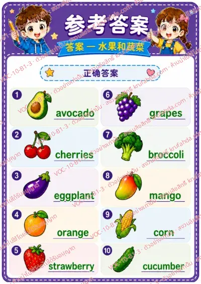 เฉลยใบงานภาษาอังกฤษ Fruits & vegetables ป.1-3 คำสั่งภาษาจีน - ดูภาพแล้วเขียนคำศัพท์ผลไม้และผัก พร้อมเฉลย