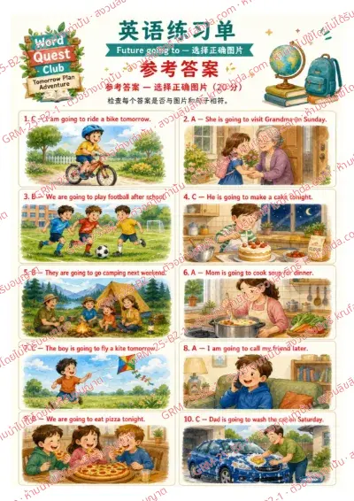 เฉลยใบงานภาษาอังกฤษ Future going to ป.4-6 คำสั่งภาษาจีน - อ่านประโยค going to แล้วเลือกภาพที่ตรงกับแผนในอนาคต พร้อมเฉลย