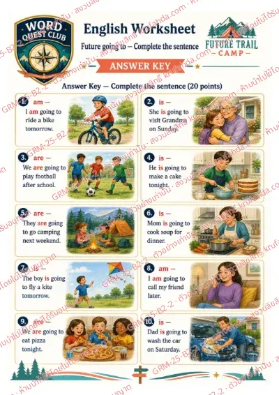 เฉลยใบงานภาษาอังกฤษ Future going to ป.4-6 คำสั่งภาษาอังกฤษ - ดูภาพแล้วเติม am is are หน้า going to ให้ถูกต้อง พร้อมเฉลย